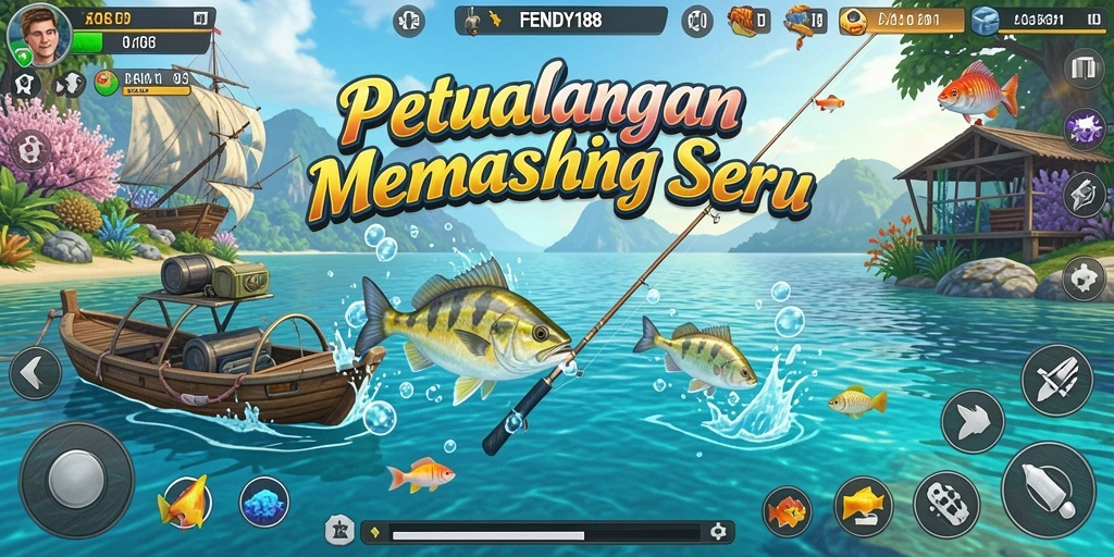 Screenshot gameplay FENDY188 menunjukkan keseruan saat menangkap ikan di danau.