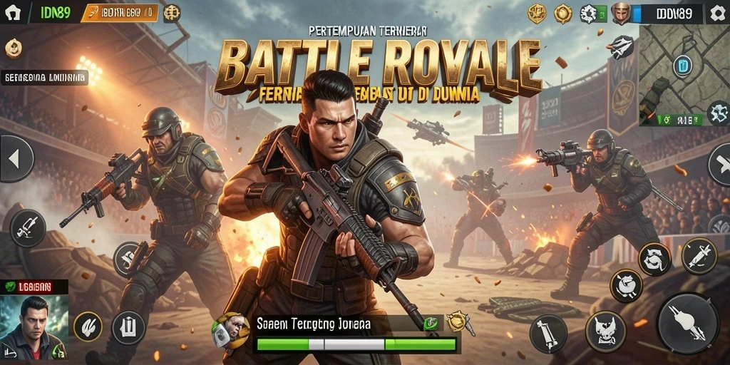 Tangkapan layar utama IDN89 menunjukkan aksi pertempuran yang mendebarkan dalam game Battle Royale.