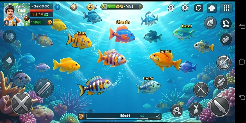 Screenshot gameplay INT666 dengan aksi menembak ikan yang mendebarkan.