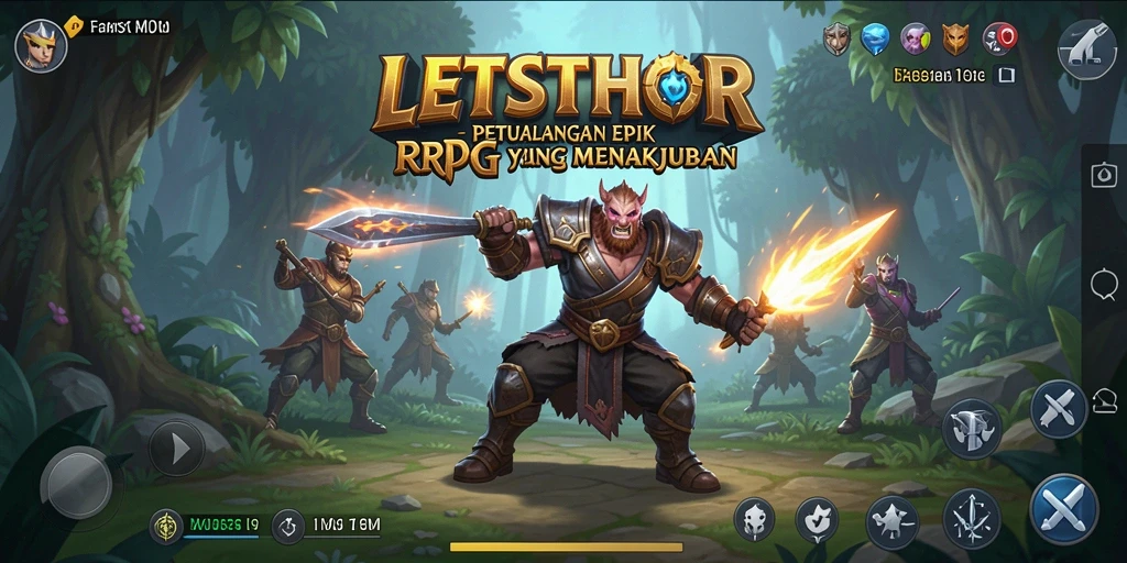 Screenshot LETSTHOR menampilkan karakter dalam pertempuran seru di dunia fantasi.