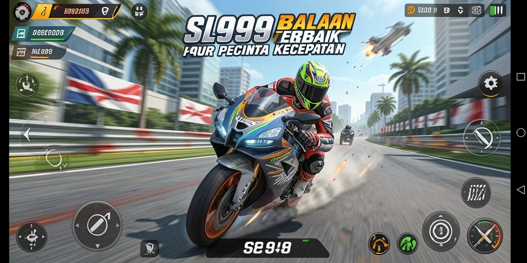 Screenshot utama SL999 menampilkan aksi balapan motor yang mendebarkan.