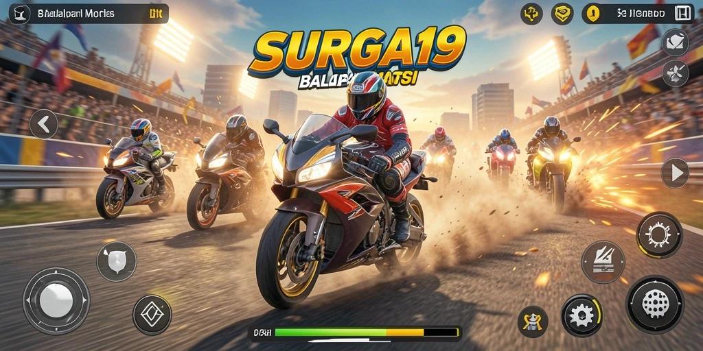 Tampilan gameplay SURGA19 yang penuh aksi balapan motor.